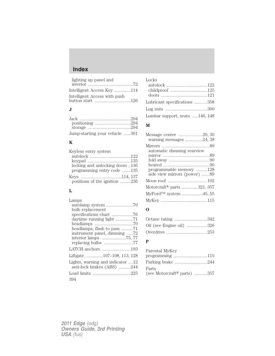 Index | FORD 2011 Edge v.3 User Manual | Page 394 / 396