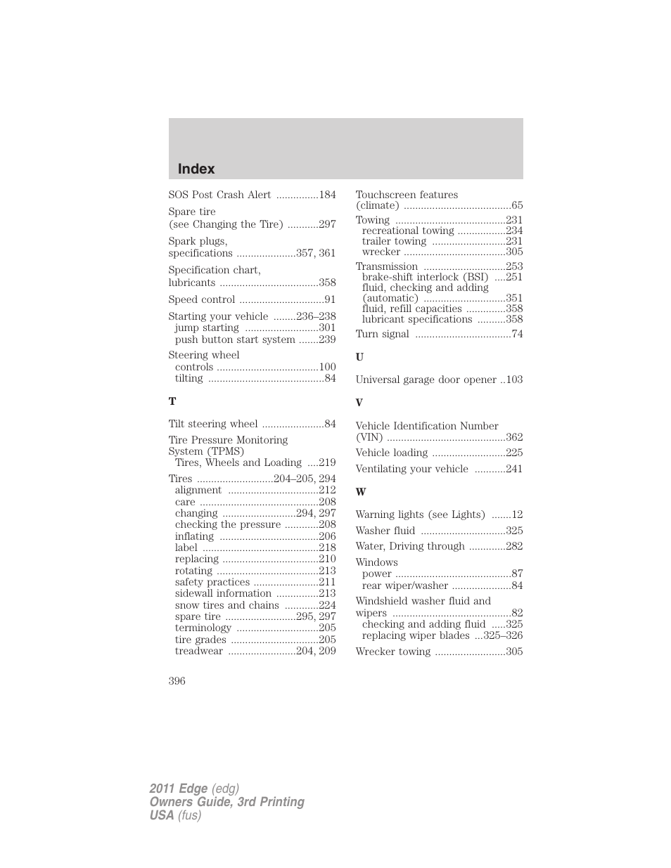 Index | FORD 2011 Edge v.3 User Manual | Page 396 / 396