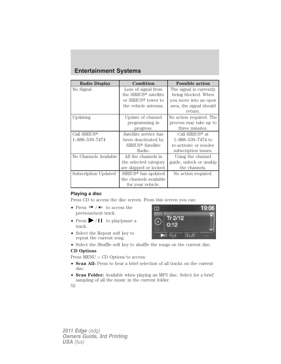 Playing a disc, Entertainment systems | FORD 2011 Edge v.3 User Manual | Page 52 / 396