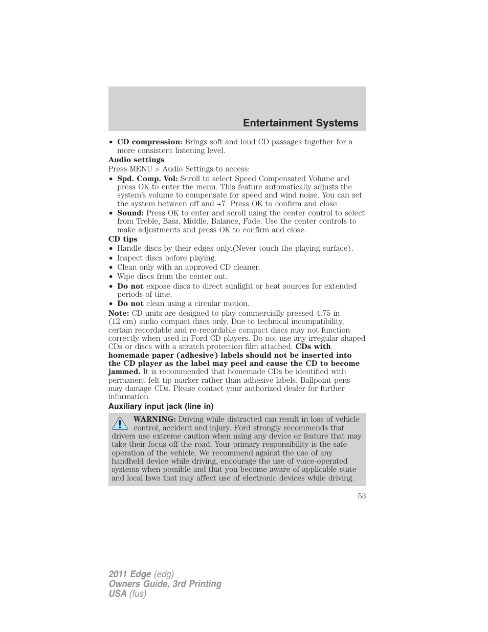 Auxiliary input jack (line in), Entertainment systems | FORD 2011 Edge v.3 User Manual | Page 53 / 396