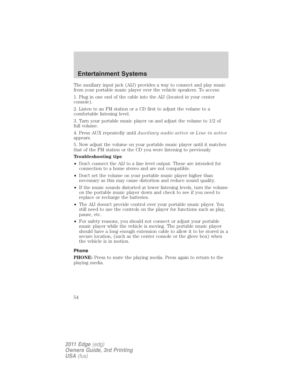 Phone, Entertainment systems | FORD 2011 Edge v.3 User Manual | Page 54 / 396