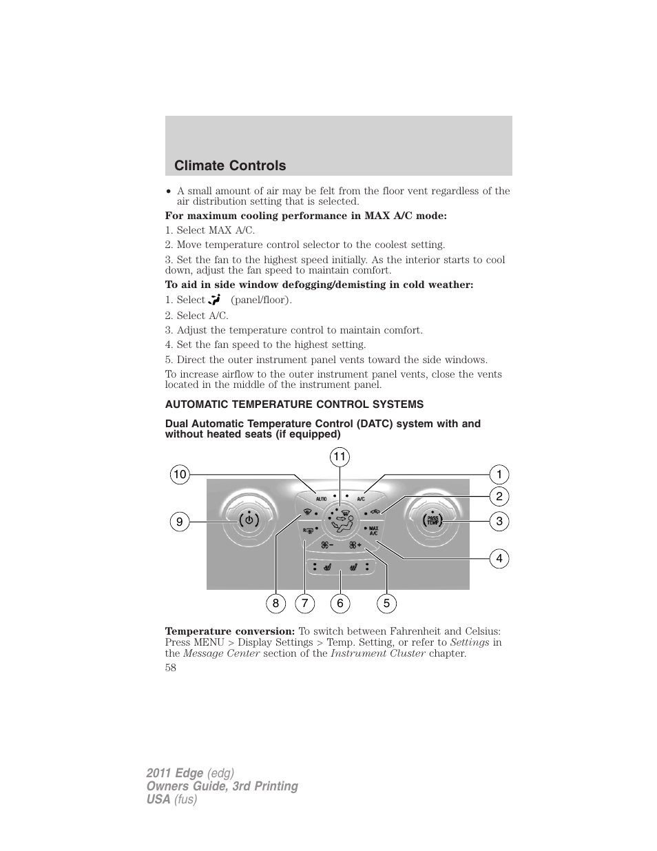 Automatic temperature control systems, Automatic temperature control, Climate controls | FORD 2011 Edge v.3 User Manual | Page 58 / 396
