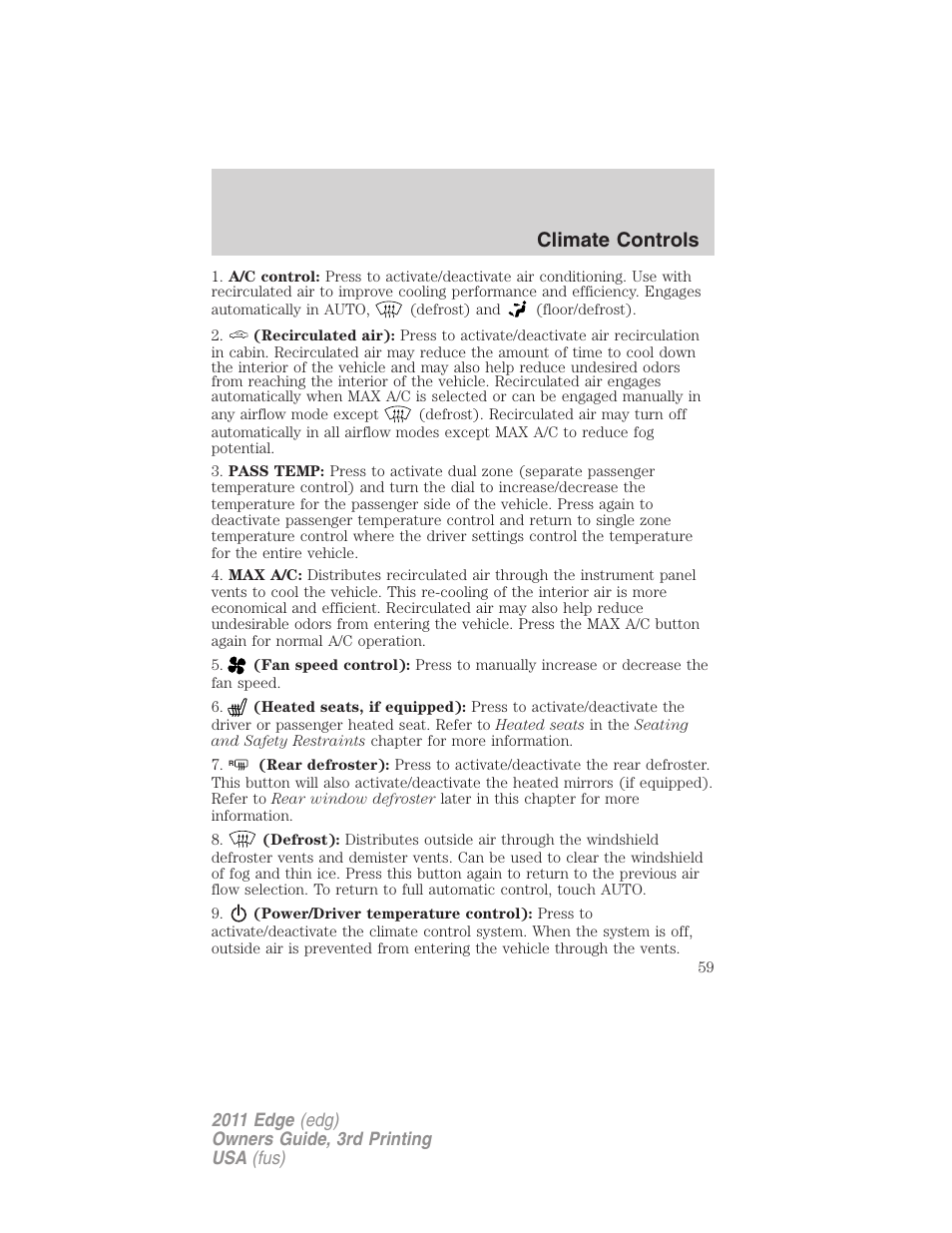 Climate controls | FORD 2011 Edge v.3 User Manual | Page 59 / 396