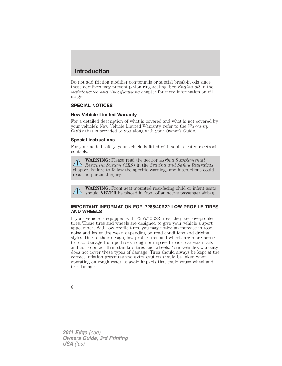 Special notices, New vehicle limited warranty, Special instructions | Introduction | FORD 2011 Edge v.3 User Manual | Page 6 / 396