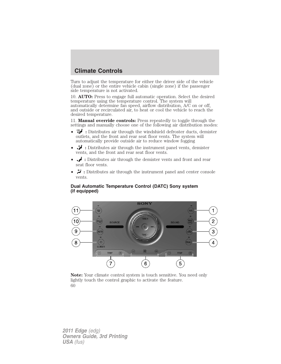 Climate controls | FORD 2011 Edge v.3 User Manual | Page 60 / 396