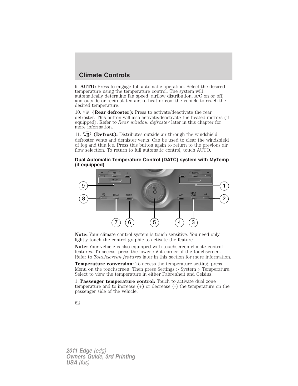 Climate controls | FORD 2011 Edge v.3 User Manual | Page 62 / 396