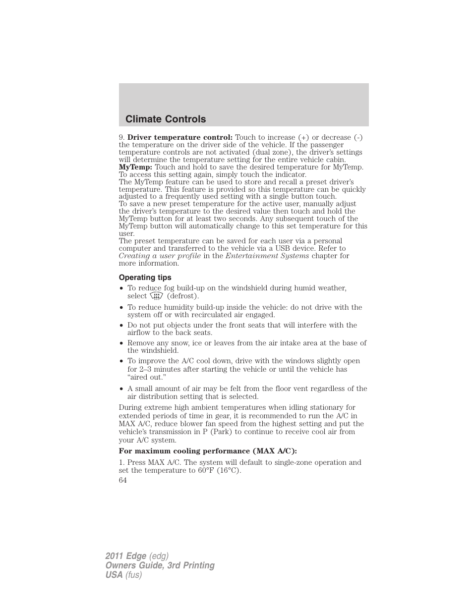 Operating tips, Climate controls | FORD 2011 Edge v.3 User Manual | Page 64 / 396