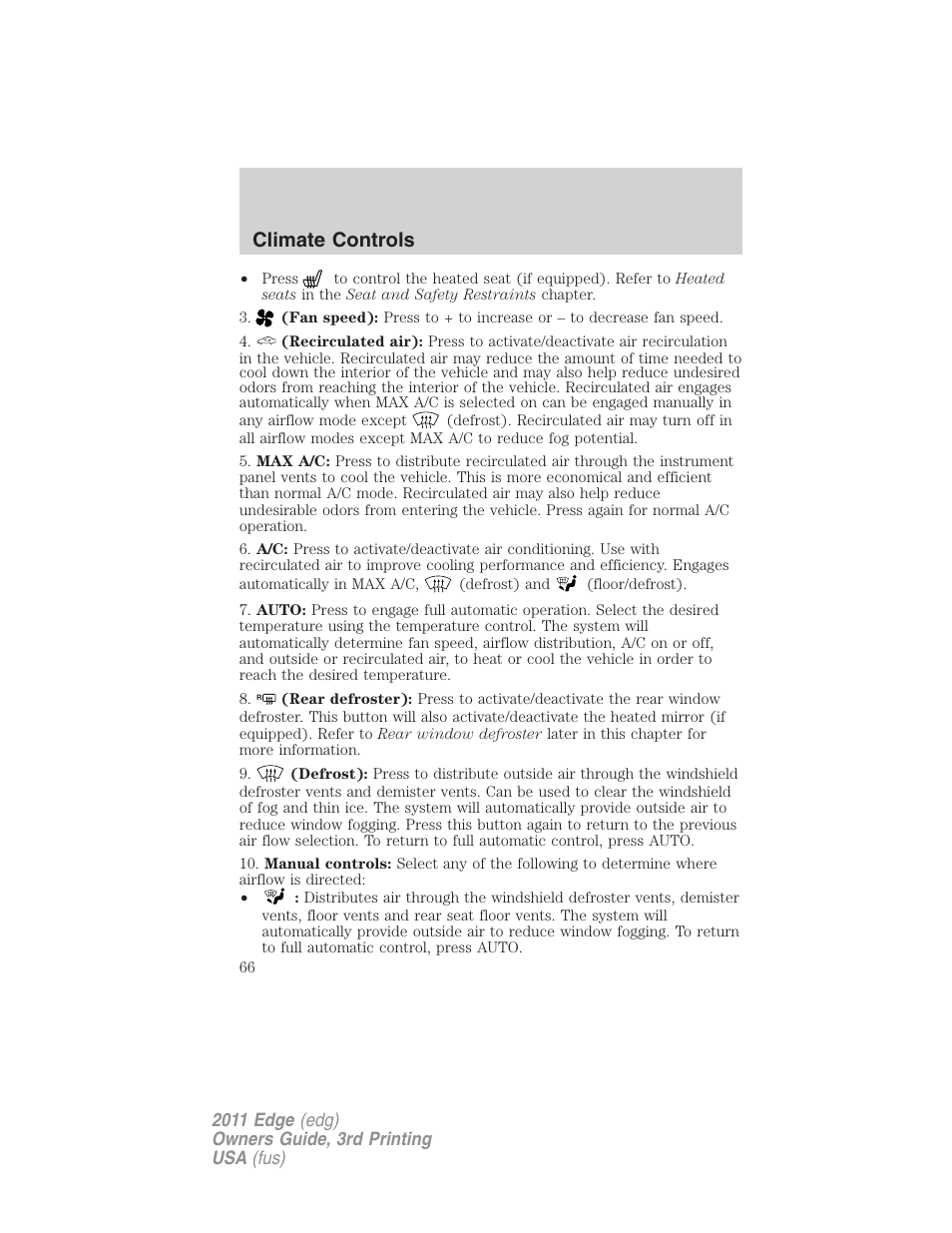 Climate controls | FORD 2011 Edge v.3 User Manual | Page 66 / 396