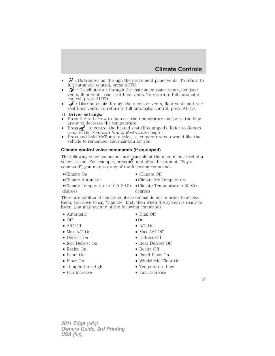 Climate control voice commands (if equipped), Climate controls | FORD 2011 Edge v.3 User Manual | Page 67 / 396