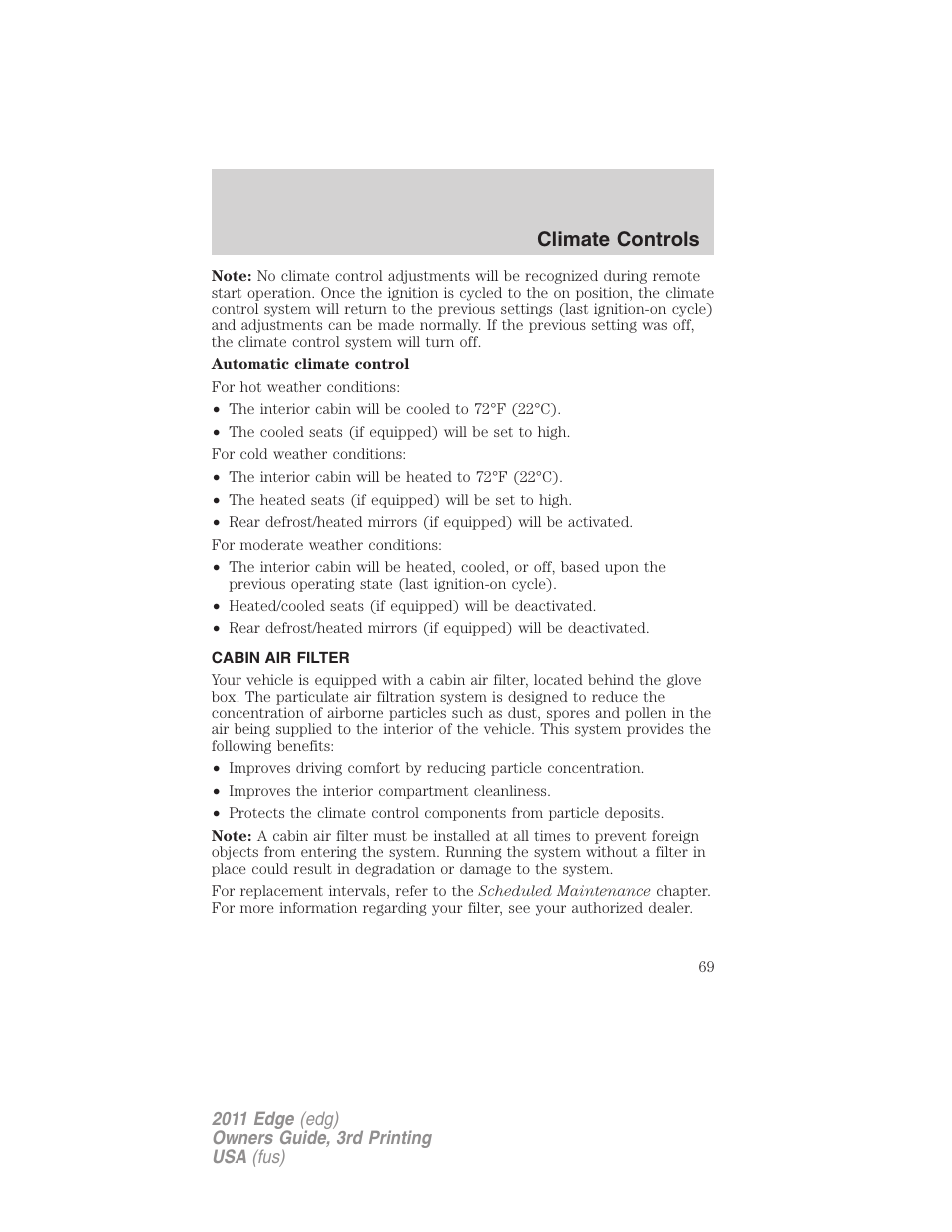 Cabin air filter, Climate controls | FORD 2011 Edge v.3 User Manual | Page 69 / 396