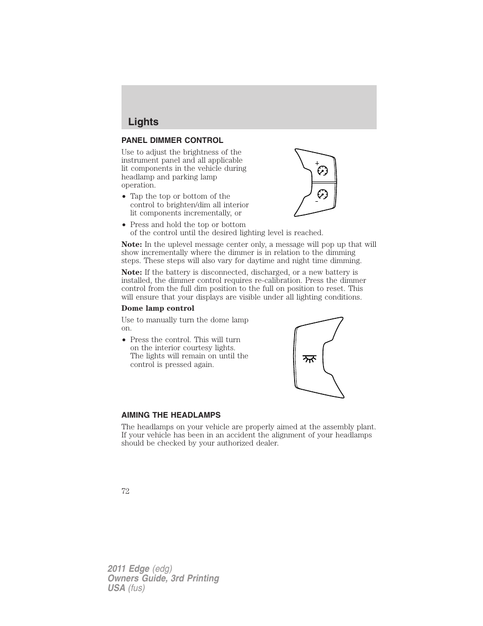 Panel dimmer control, Aiming the headlamps, Lights | FORD 2011 Edge v.3 User Manual | Page 72 / 396