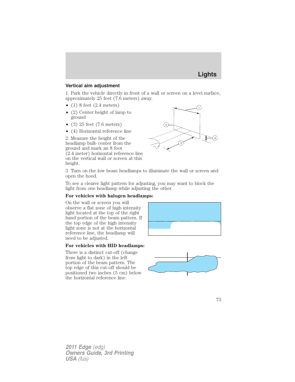 Vertical aim adjustment, Lights | FORD 2011 Edge v.3 User Manual | Page 73 / 396