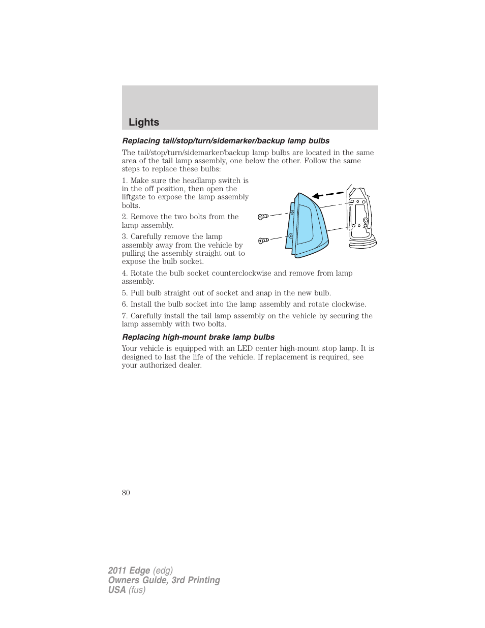 Replacing high-mount brake lamp bulbs, Lights | FORD 2011 Edge v.3 User Manual | Page 80 / 396