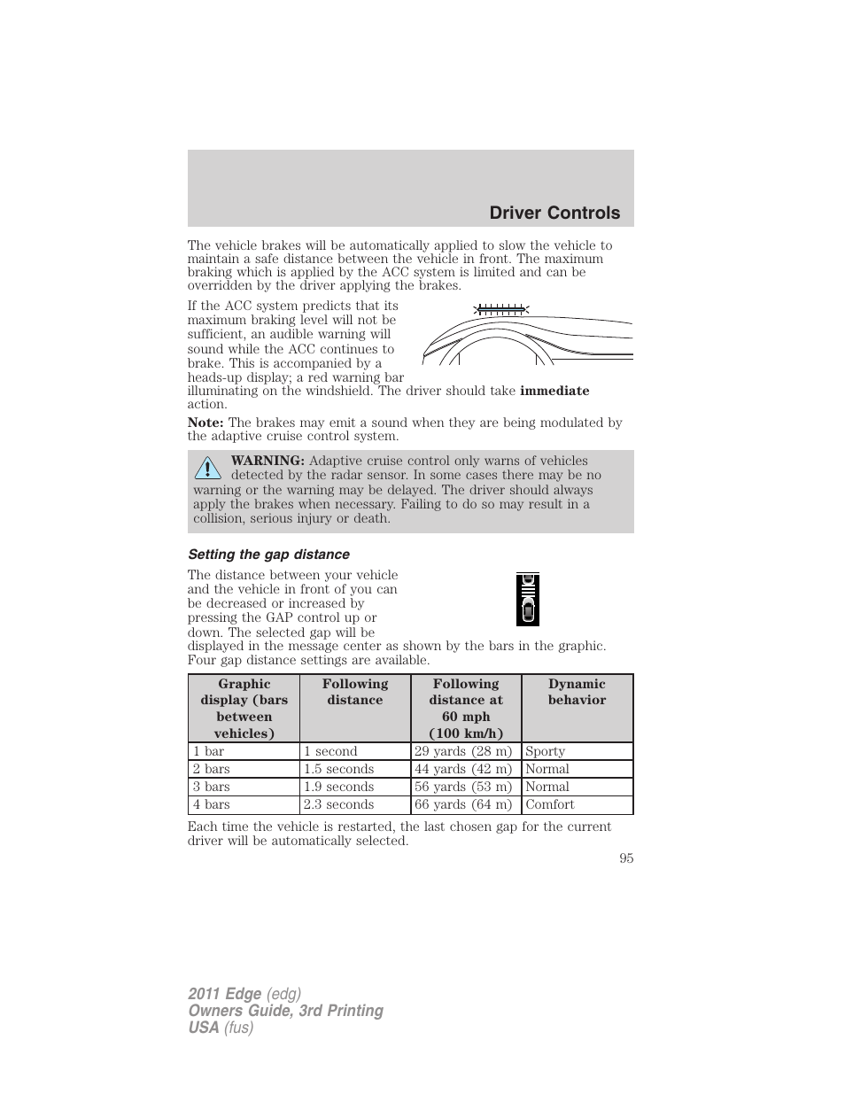 Setting the gap distance, Driver controls | FORD 2011 Edge v.3 User Manual | Page 95 / 396