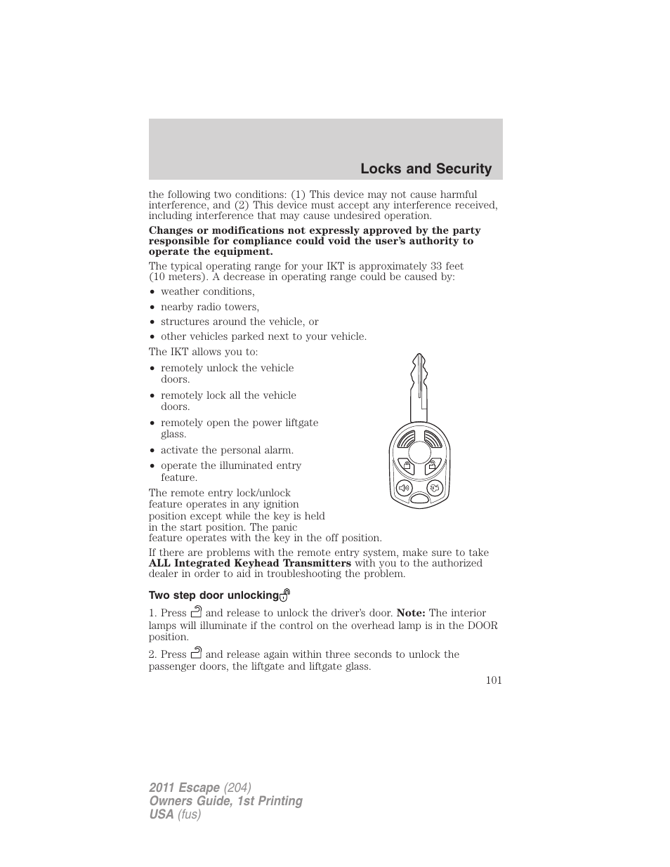 Two step door unlocking, Locks and security | FORD 2011 Escape v.1 User Manual | Page 101 / 367
