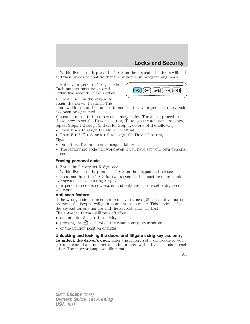 Erasing personal code, Anti-scan feature, Locks and security | FORD 2011 Escape v.1 User Manual | Page 105 / 367