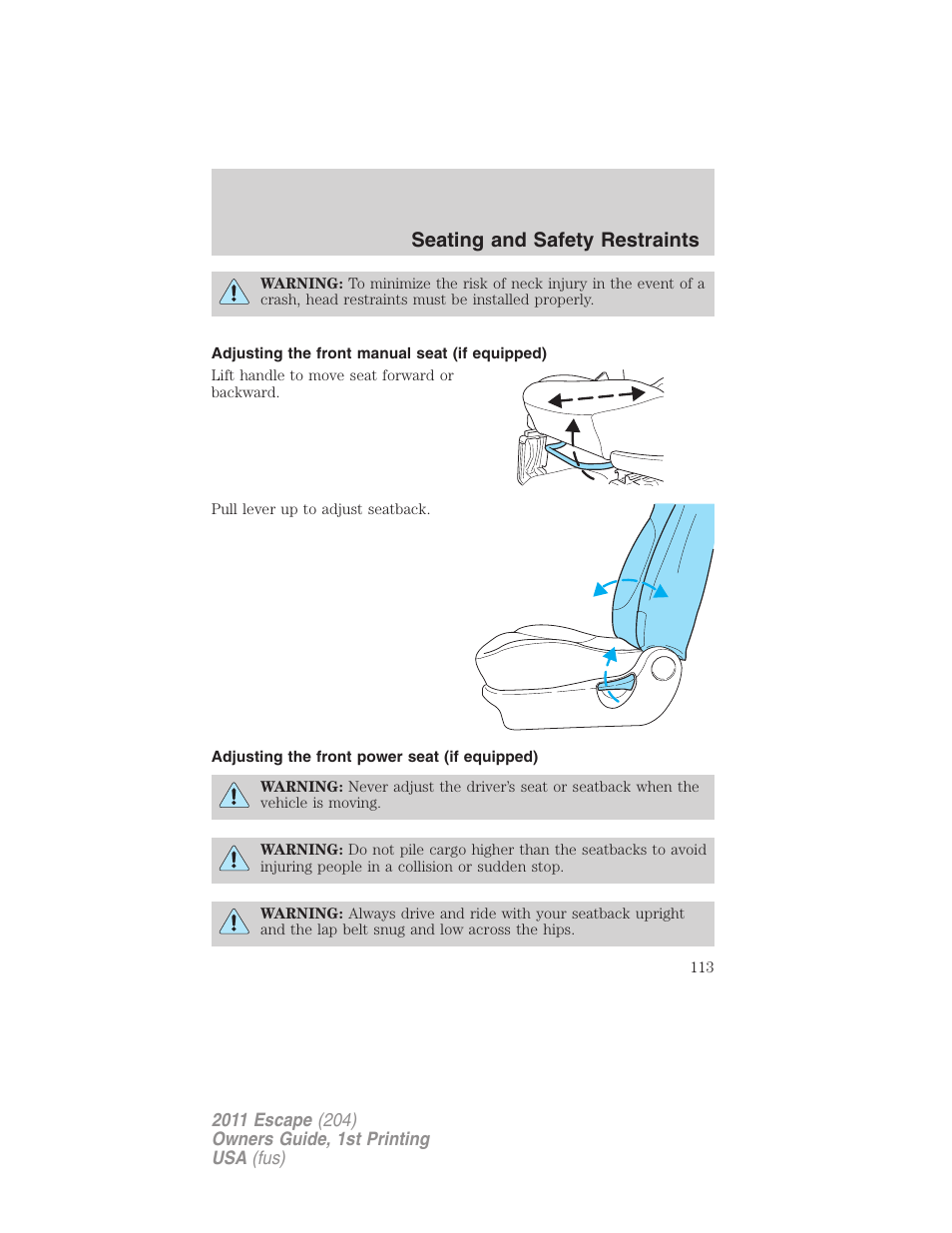 Adjusting the front manual seat (if equipped), Adjusting the front power seat (if equipped), Seating and safety restraints | FORD 2011 Escape v.1 User Manual | Page 113 / 367