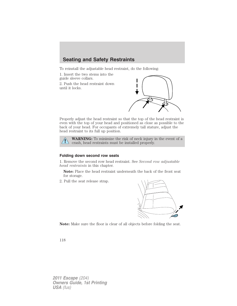 Folding down second row seats, Seating and safety restraints | FORD 2011 Escape v.1 User Manual | Page 118 / 367