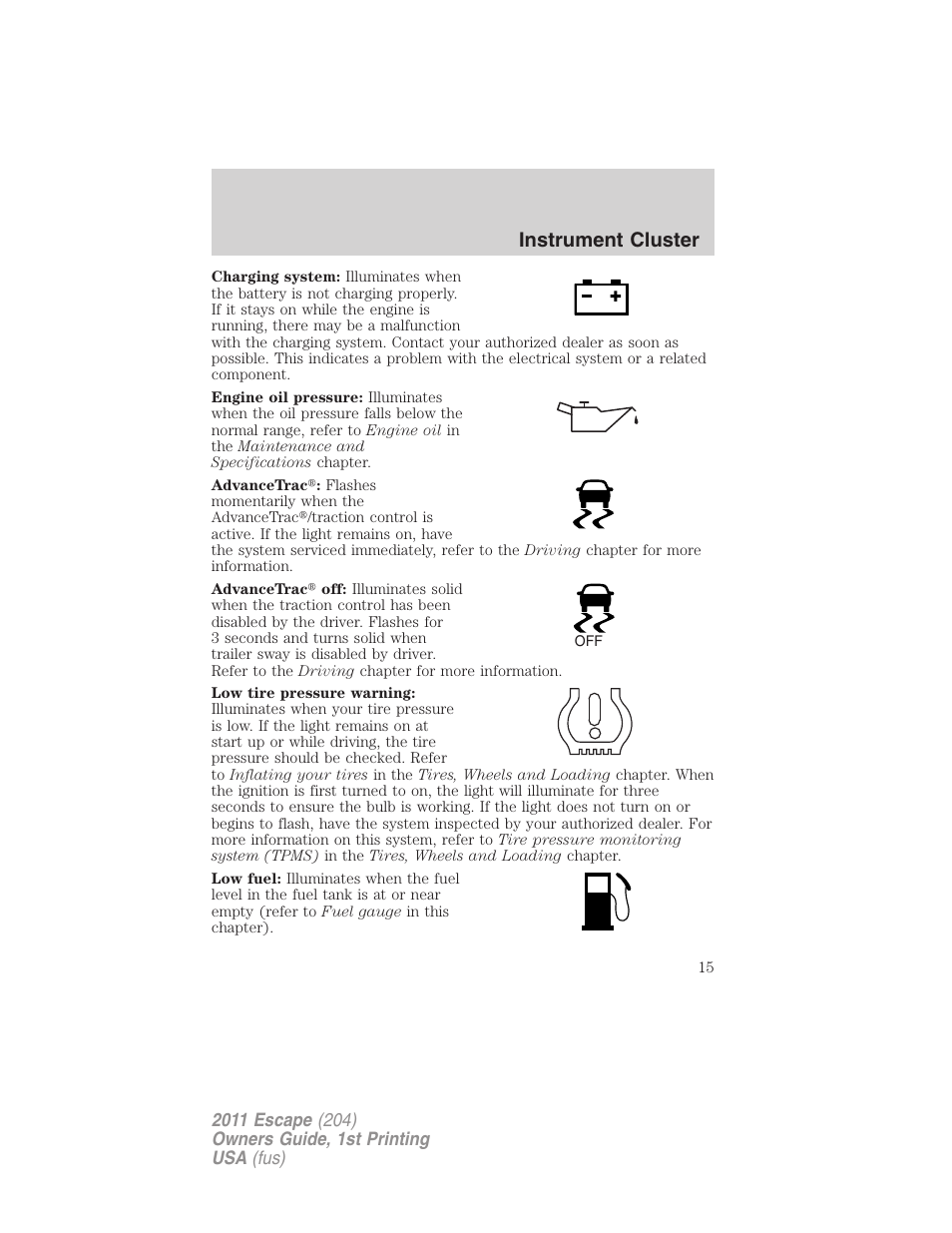 Instrument cluster | FORD 2011 Escape v.1 User Manual | Page 15 / 367