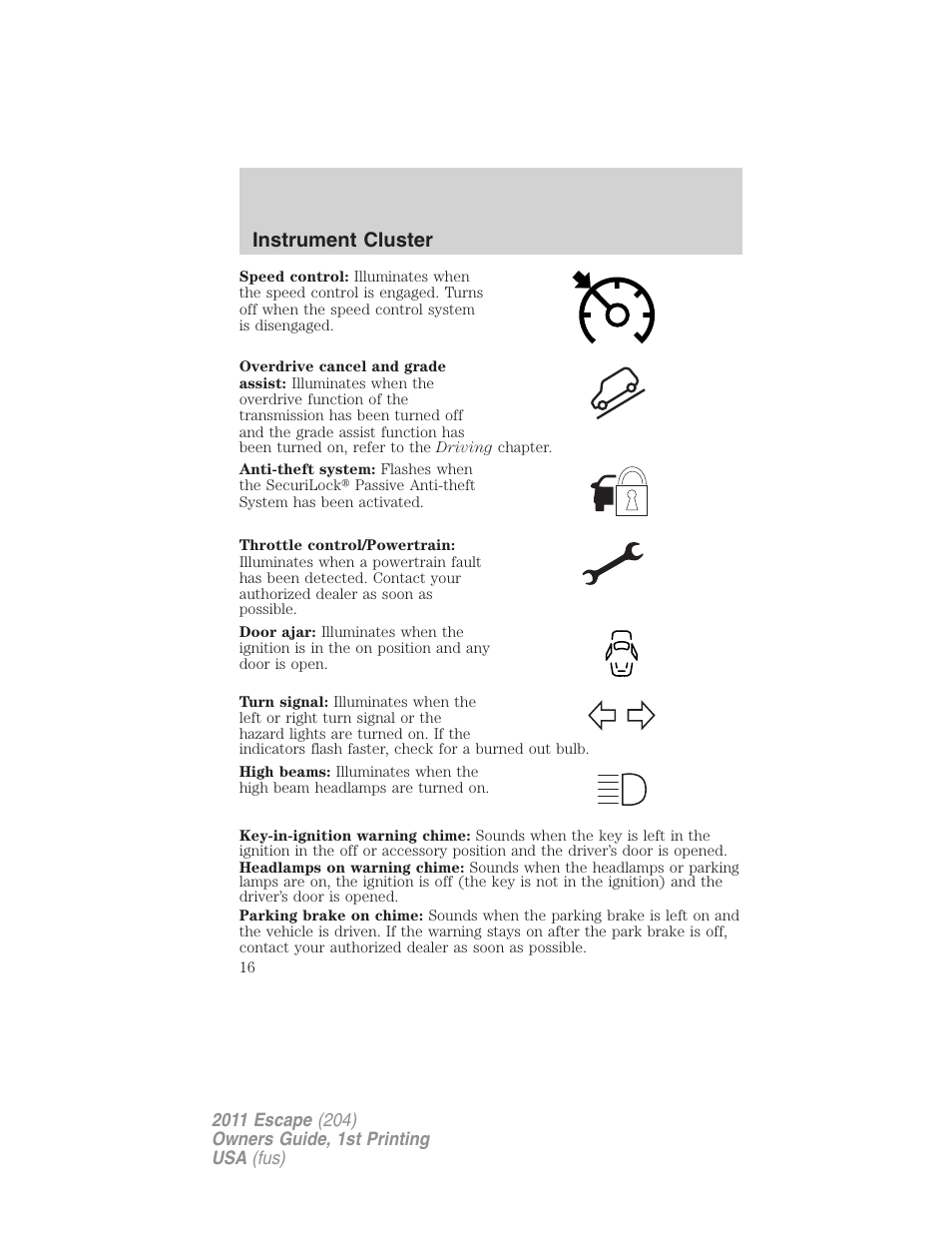 Instrument cluster | FORD 2011 Escape v.1 User Manual | Page 16 / 367