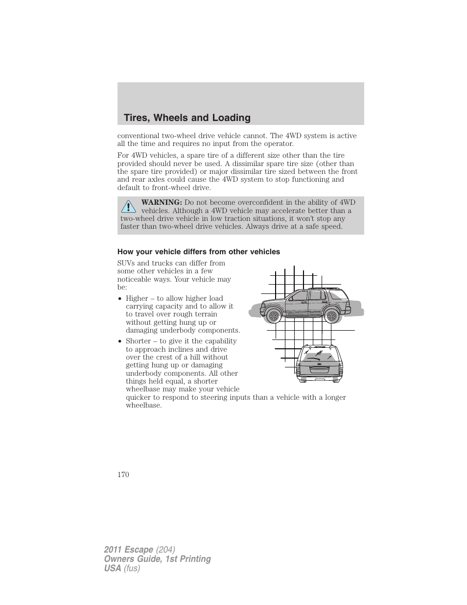 How your vehicle differs from other vehicles, Tires, wheels and loading | FORD 2011 Escape v.1 User Manual | Page 170 / 367