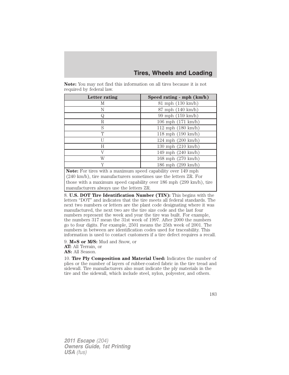 Tires, wheels and loading | FORD 2011 Escape v.1 User Manual | Page 183 / 367