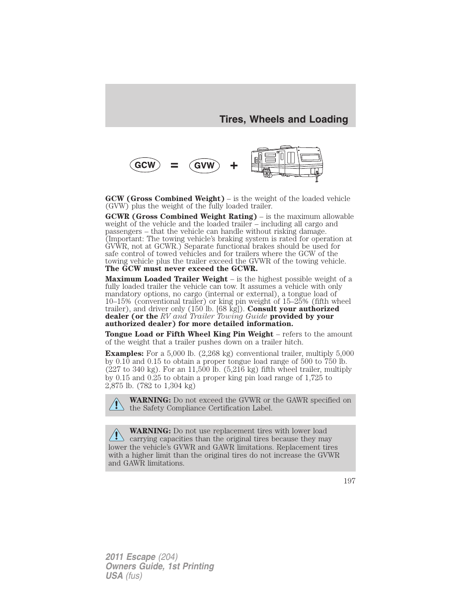 Tires, wheels and loading | FORD 2011 Escape v.1 User Manual | Page 197 / 367