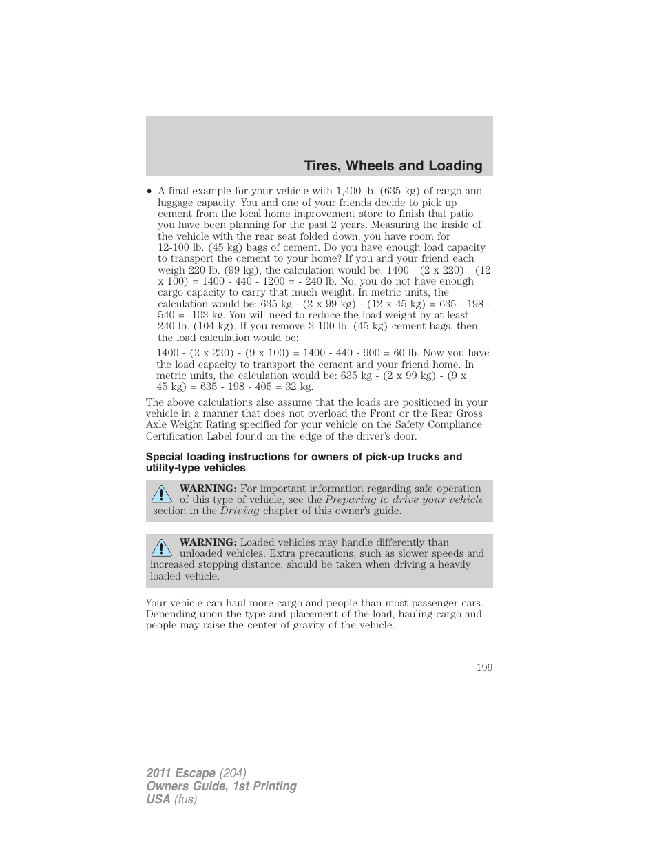 Tires, wheels and loading | FORD 2011 Escape v.1 User Manual | Page 199 / 367