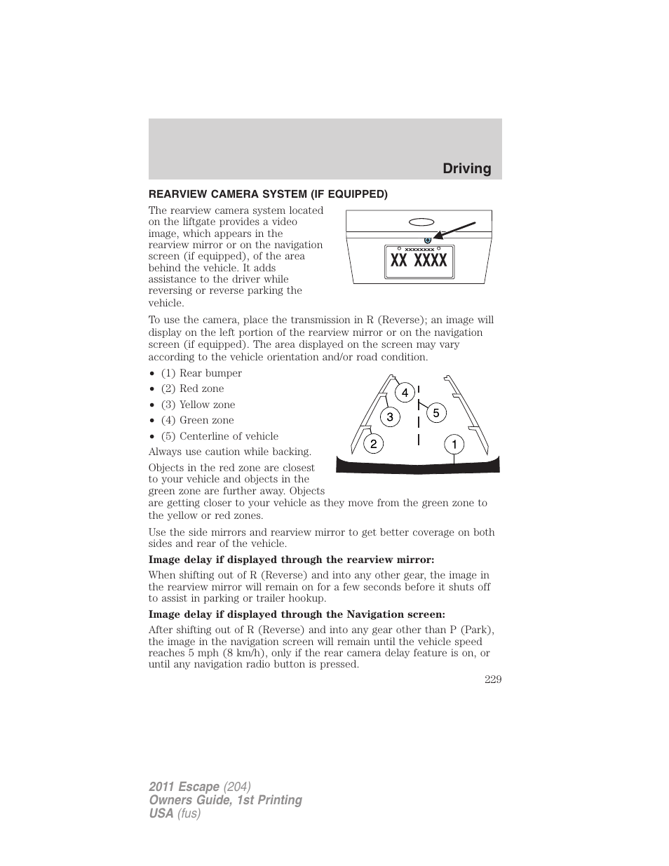 Rearview camera system (if equipped), Rear-view camera system, Driving | FORD 2011 Escape v.1 User Manual | Page 229 / 367