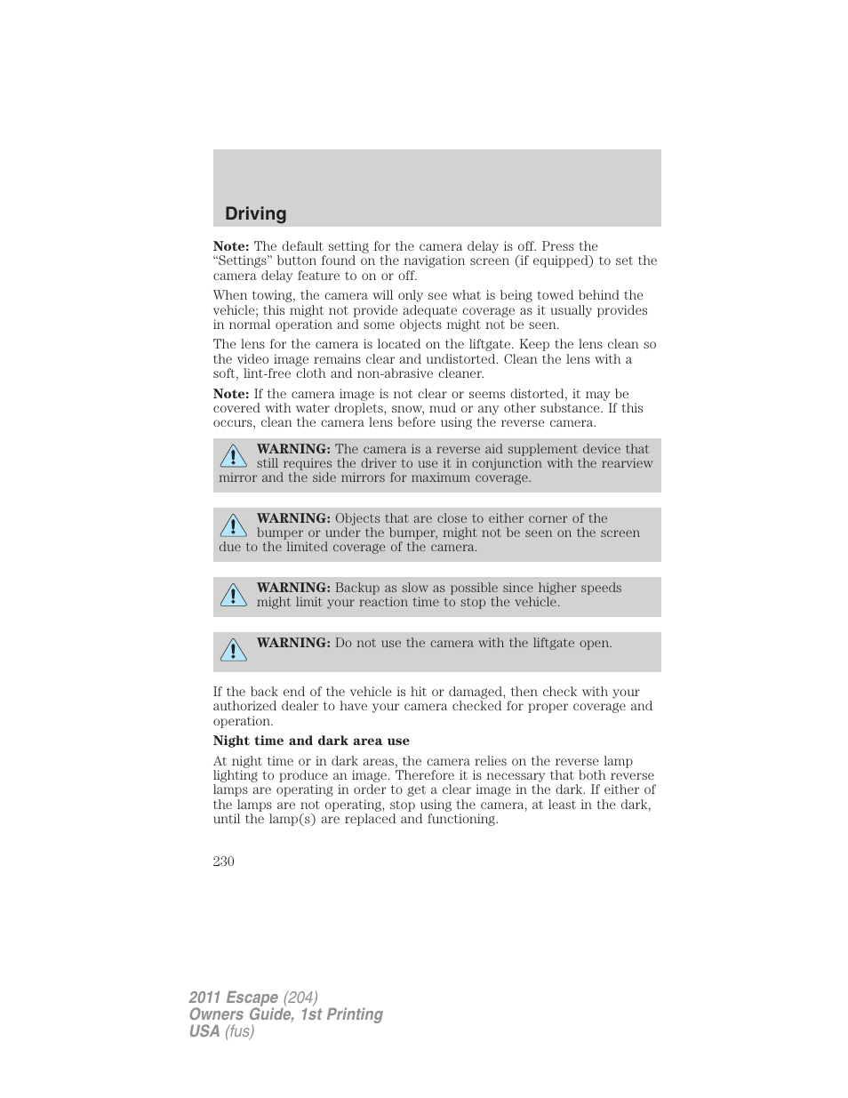 Driving | FORD 2011 Escape v.1 User Manual | Page 230 / 367