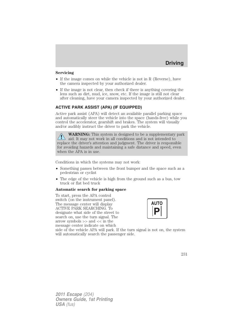 Active park assist (apa) (if equipped), Driving | FORD 2011 Escape v.1 User Manual | Page 231 / 367