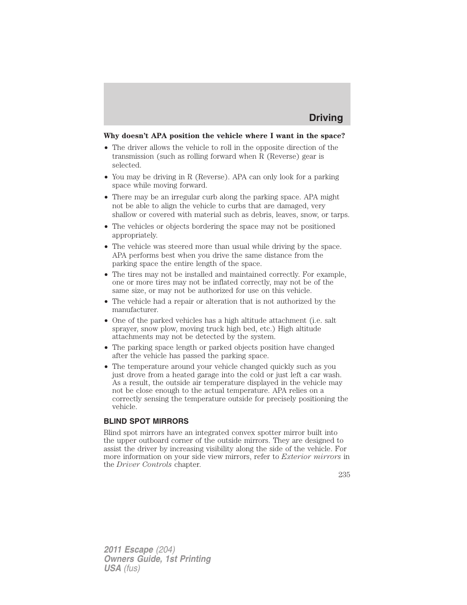 Blind spot mirrors, Driving | FORD 2011 Escape v.1 User Manual | Page 235 / 367