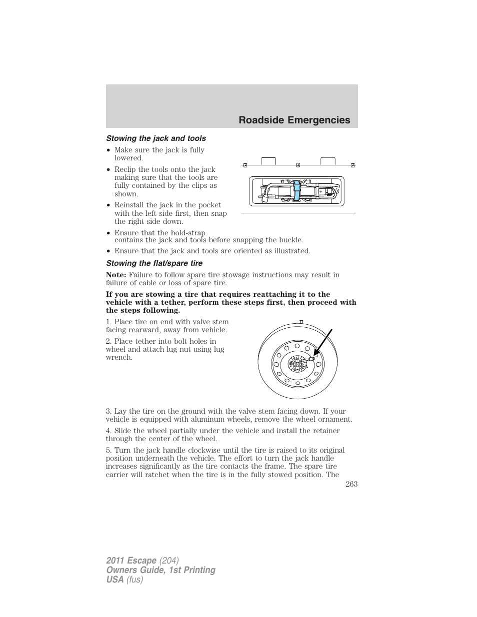 Stowing the jack and tools, Stowing the flat/spare tire, Roadside emergencies | FORD 2011 Escape v.1 User Manual | Page 263 / 367