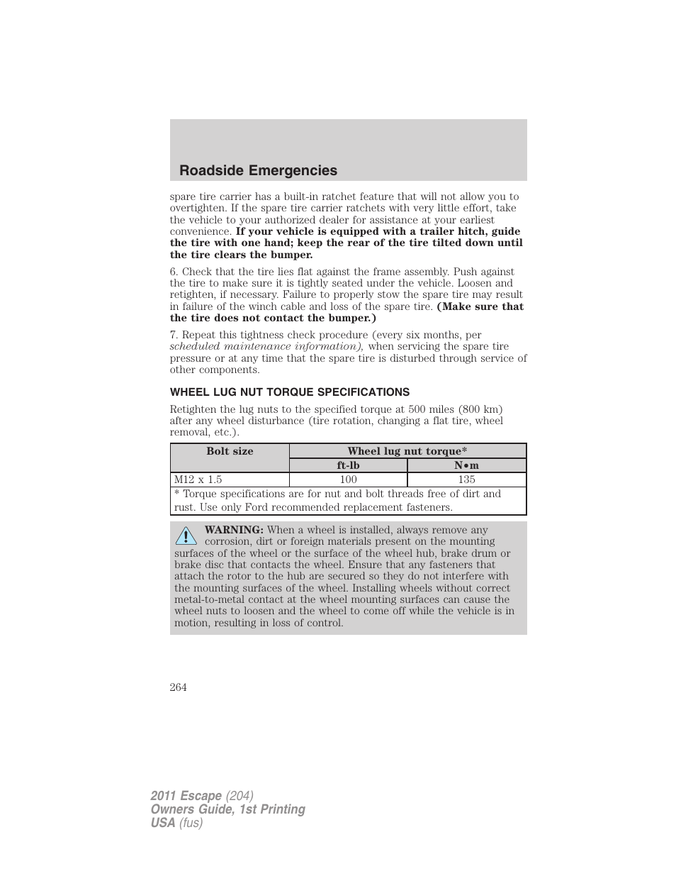 Wheel lug nut torque specifications, Wheel lug nut torque, Roadside emergencies | FORD 2011 Escape v.1 User Manual | Page 264 / 367