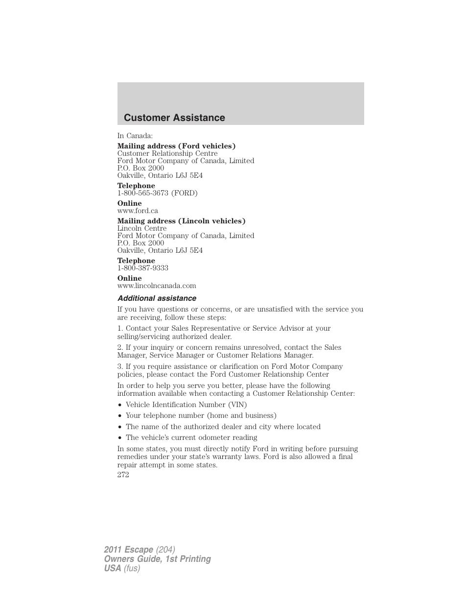 Additional assistance, Customer assistance | FORD 2011 Escape v.1 User Manual | Page 272 / 367