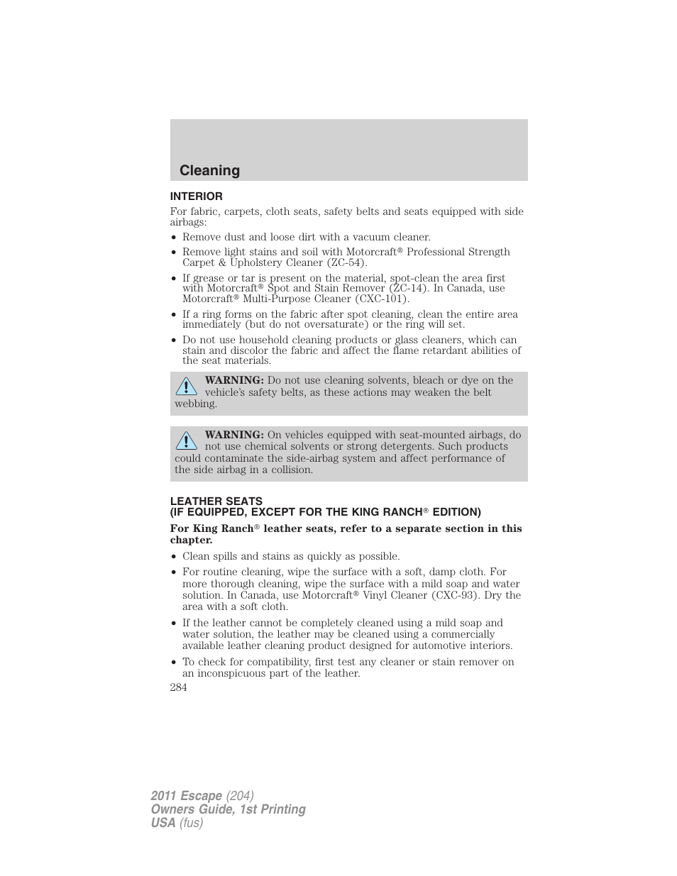 Interior, Cleaning | FORD 2011 Escape v.1 User Manual | Page 284 / 367
