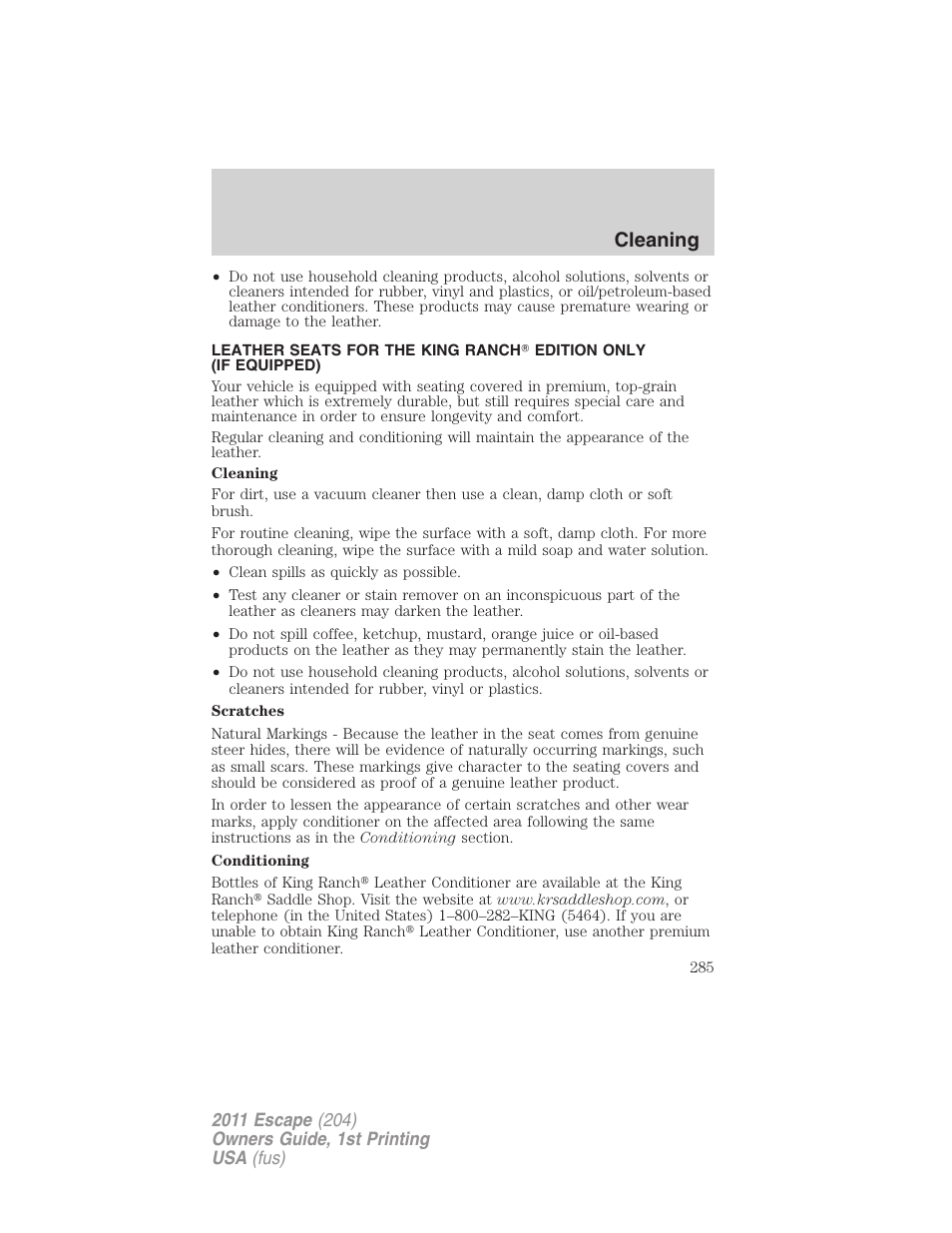 Cleaning | FORD 2011 Escape v.1 User Manual | Page 285 / 367