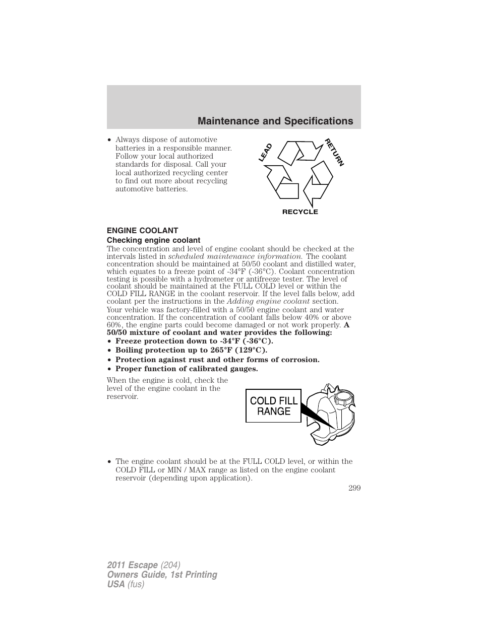 Engine coolant, Checking engine coolant, Maintenance and specifications | FORD 2011 Escape v.1 User Manual | Page 299 / 367