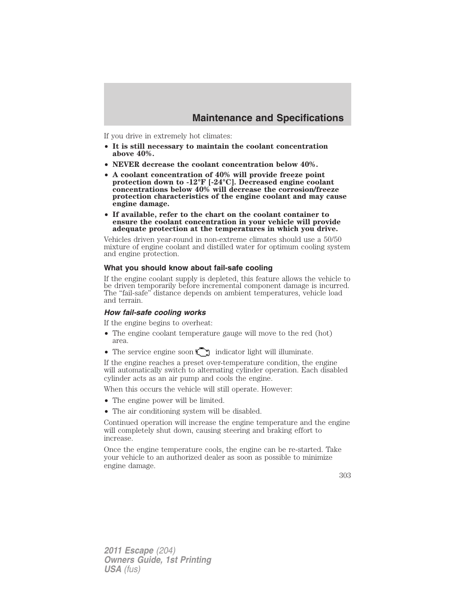 What you should know about fail-safe cooling, How fail-safe cooling works, Maintenance and specifications | FORD 2011 Escape v.1 User Manual | Page 303 / 367