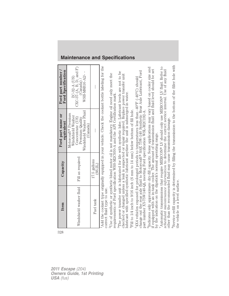 Maintenance and specifications | FORD 2011 Escape v.1 User Manual | Page 328 / 367