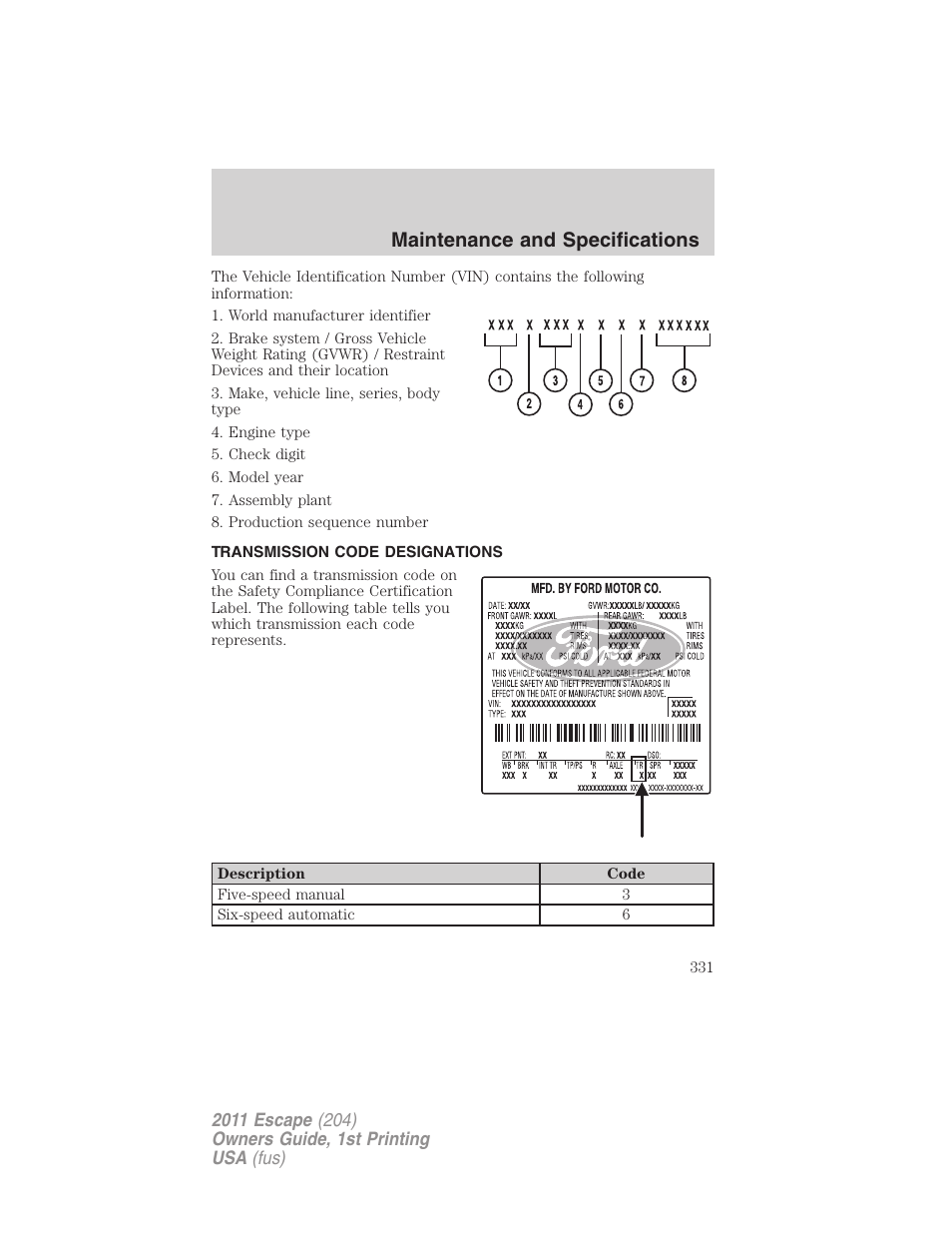 Transmission code designations, Maintenance and specifications | FORD 2011 Escape v.1 User Manual | Page 331 / 367