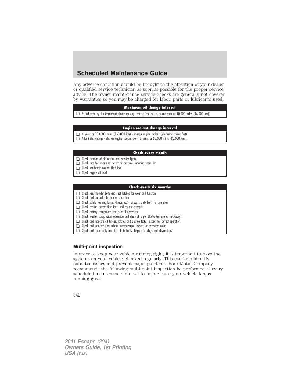 Multi-point inspection, Scheduled maintenance guide | FORD 2011 Escape v.1 User Manual | Page 342 / 367