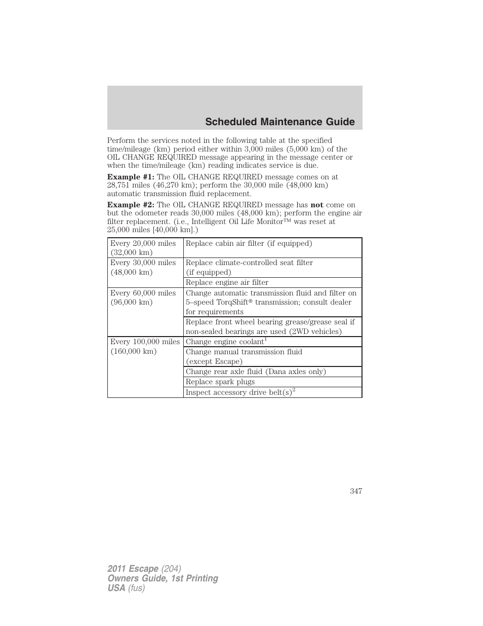 Scheduled maintenance guide | FORD 2011 Escape v.1 User Manual | Page 347 / 367