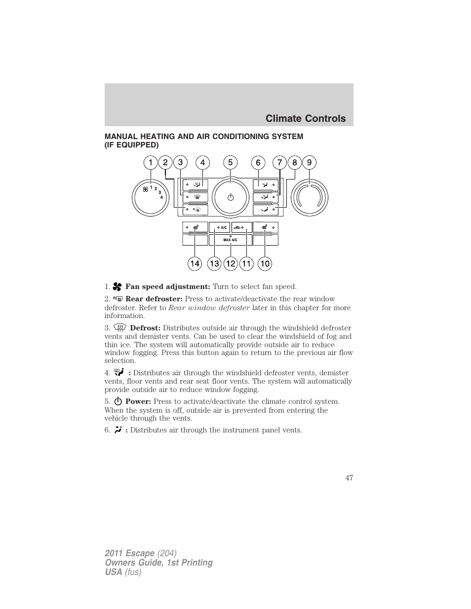 Climate controls, Manual heating and air conditioning | FORD 2011 Escape v.1 User Manual | Page 47 / 367