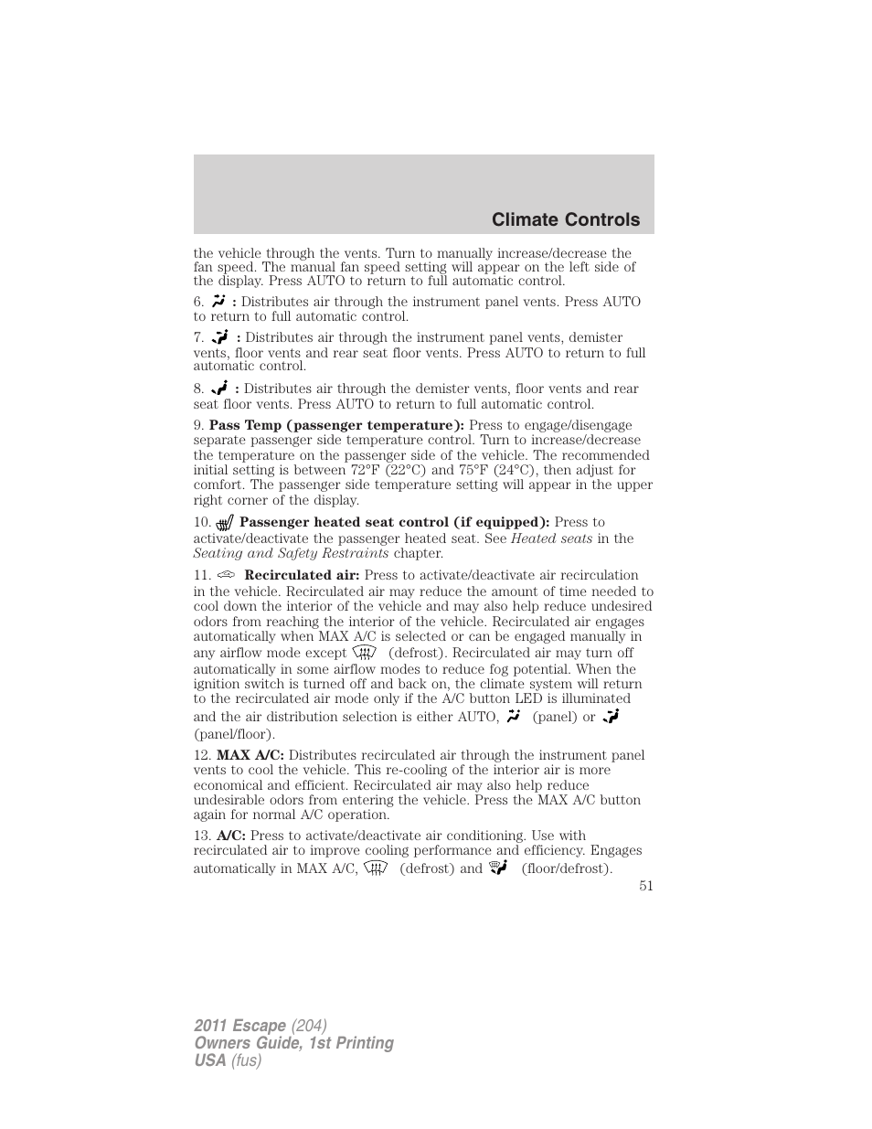 Climate controls | FORD 2011 Escape v.1 User Manual | Page 51 / 367