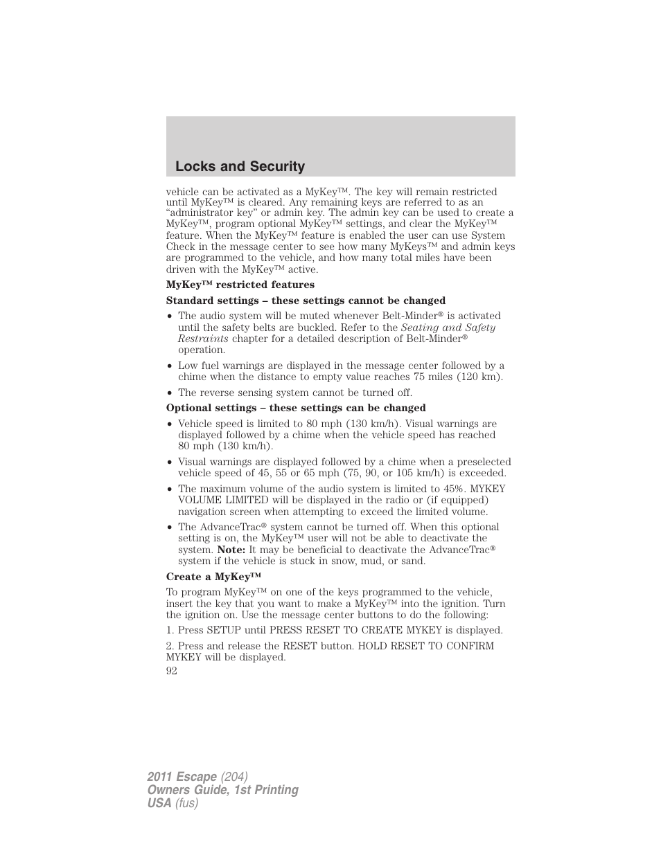 Locks and security | FORD 2011 Escape v.1 User Manual | Page 92 / 367
