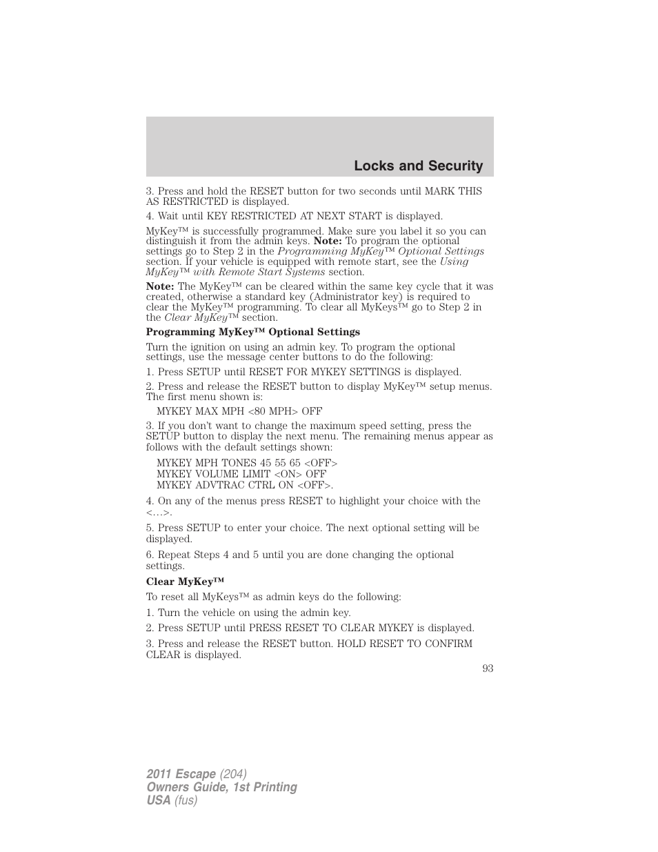 Locks and security | FORD 2011 Escape v.1 User Manual | Page 93 / 367