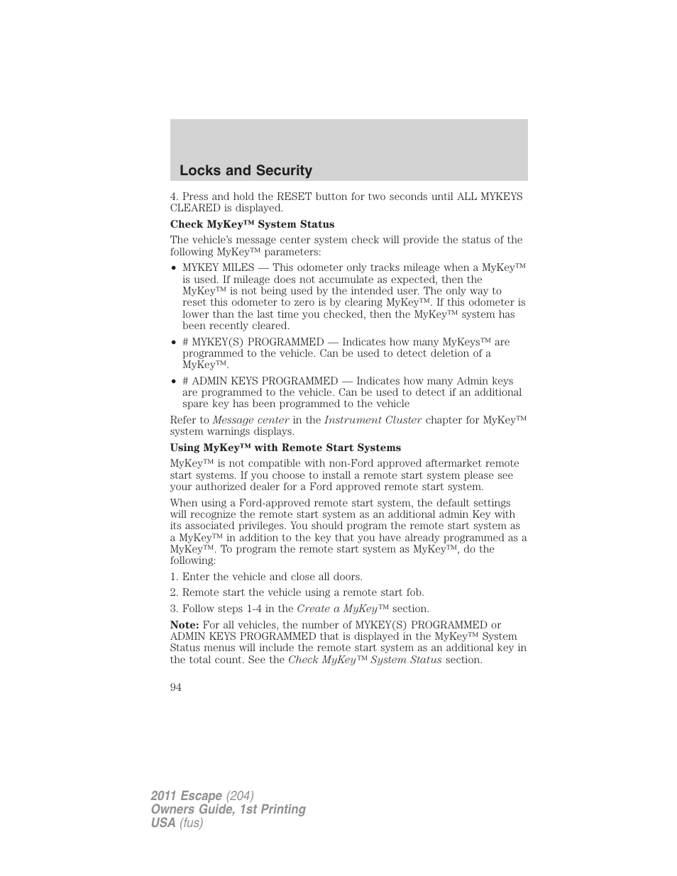 Locks and security | FORD 2011 Escape v.1 User Manual | Page 94 / 367