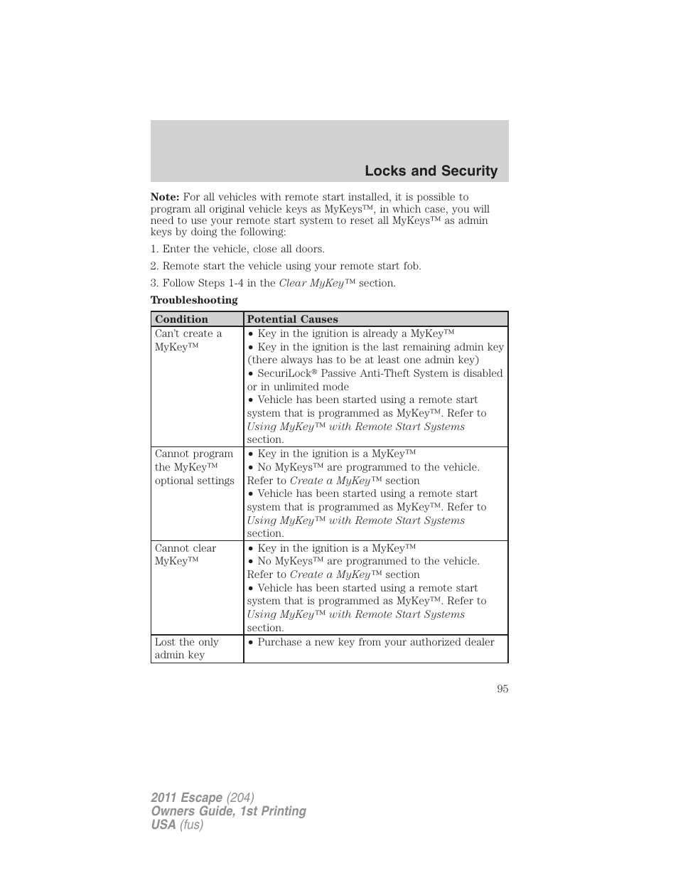 Locks and security | FORD 2011 Escape v.1 User Manual | Page 95 / 367