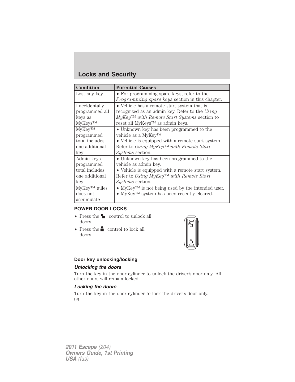 Power door locks, Door key unlocking/locking, Unlocking the doors | Locking the doors, Locks, Locks and security | FORD 2011 Escape v.1 User Manual | Page 96 / 367